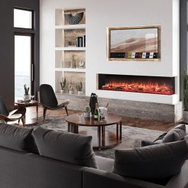 a media wall showing an onyx avanti fire in a cosy setting
