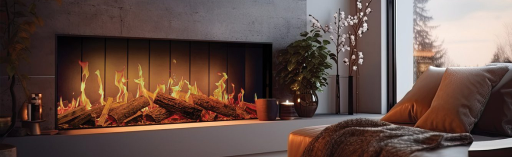 a woodburning fire inset in a living room wall