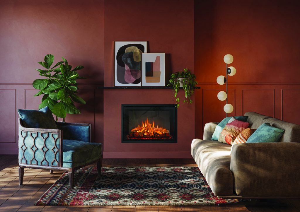An electric stove inset in a living room